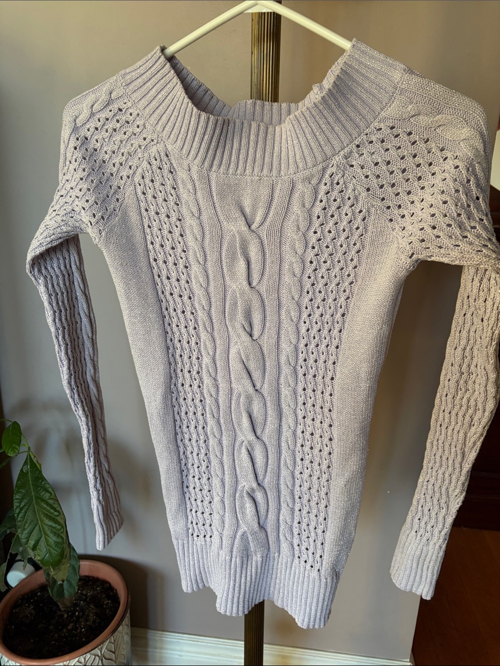 Kismet Light Lavender Cable Knit Scoop-Neck Sweater-Off Shoulder